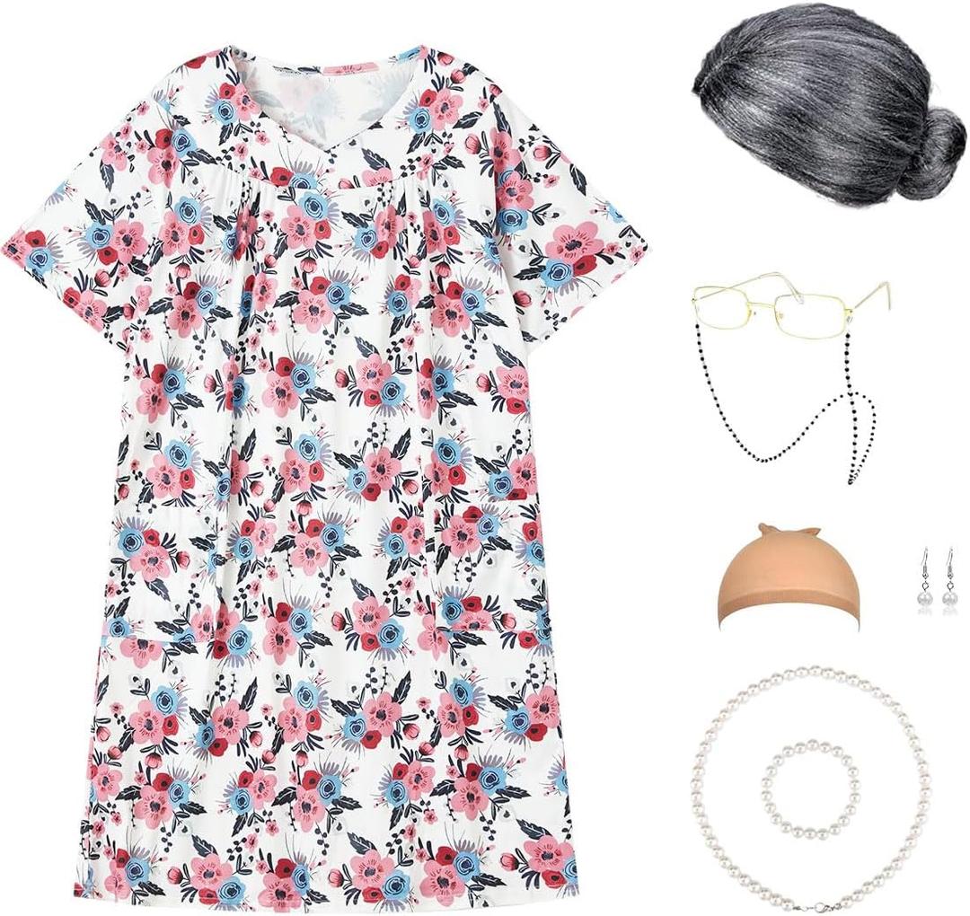 Old Lady Costume Set with Old Lady Wig Granny Dress Old Lady Glasses Grandma Dress Up Outfit