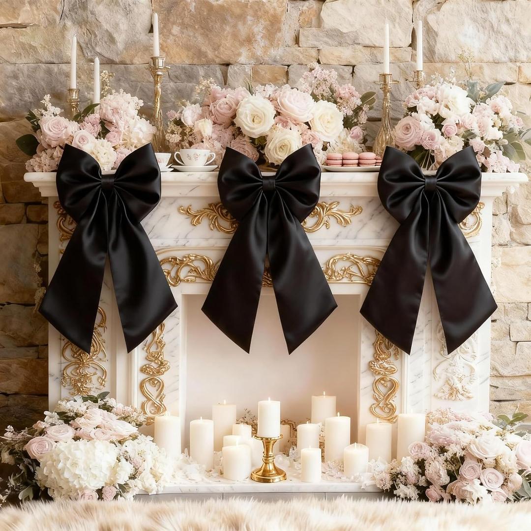 Black Bows Decor 22x11 Inch Big Black Bows Decoration Background for Crib Christmas Tree Topper Bachelorette Coquette Baby Bridal Shower Wedding Xmas Valentine's Day Bows for Car (3 Pack)