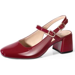 Ankis Mary Jane Chunky Low Heels Dress Shoes for Women Slingback Square Closed Toe Heels Wedding Party Pumps (11, Burgundy Patent)