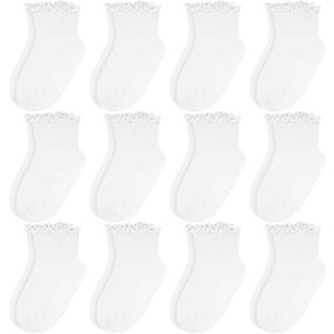 6/12 Pairs Non Slip Toddler Ruffle Socks for Girls Cotton Frilly Socks with Grips for 1-3 Years Girls (White)