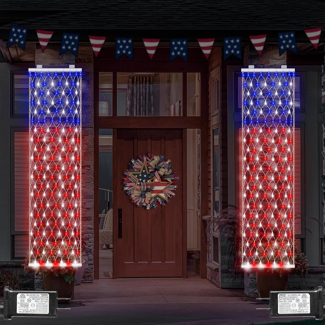 DBFAIRY 2 PCS American Flag Lights, 336 LED 4th of July USA Net Light Outdoor with Timer, 8 Modes Red White Blue Banners Lights for Independence Flag Day, Each 6.6Ft (L) x 1.2Ft (W)