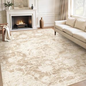 8x10 Area Rugs Washable Rug: Large Vintage Living Room Rug with Non-Slip Backing Low Pile Soft Indoor Floor Thin Carpet Neutral Carpets for Bedroom Dining Room Farmhouse Nursery Beige/Cream