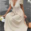 SHENHE Women's Lace Deep V Neck Puff Short Sleeve Tie Bow Backless A Line Flowy Maxi Dress (M)