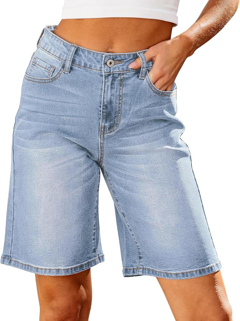 luvamia Bermuda Jean Shorts for Women High Waisted Trendy Stretchy Denim Shorts Knee Length Cutoff Loose Fit Long Shorts (Large, Seaside Blue)