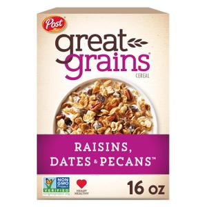 Great Grains Raisins Dates and Pecans Breakfast Cereal, Raisin Cereal with Sweet Dates and Granola Clusters, Non-GMO Project Verified, 16 OZ Box (EXP 02/03/26)
