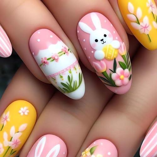 LPOODDNU Almond Easter Press on Nails Medium Pink Fake Nails, Cute Rabbit Press on Nails Spring Flower Designs Easter Nail Art Decorations Full Cover Glue on Nails for Women Manicure DIY, 24Pcs