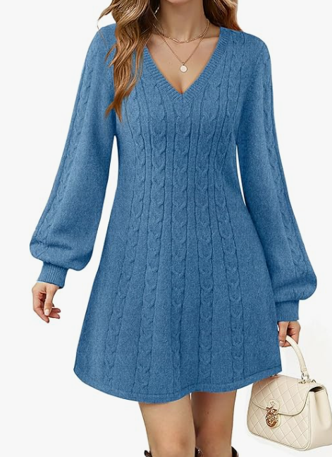 Womens V Neck Long Sleeve Cable Knit Fall Dresses Elegant Babydoll Sweater Dress, Blue, M