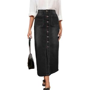 Midi Jean Skirts for Women Button Front High Waisted Stretch Long Denim Skirt with Slit Pockets Black L