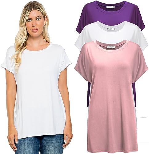 Free to Live 3 Pack Extra Long Tshirts for Women Tunic Tops to Wear with Leggings Short Sleeve Tee Workout T Shirts Loose Fit, M