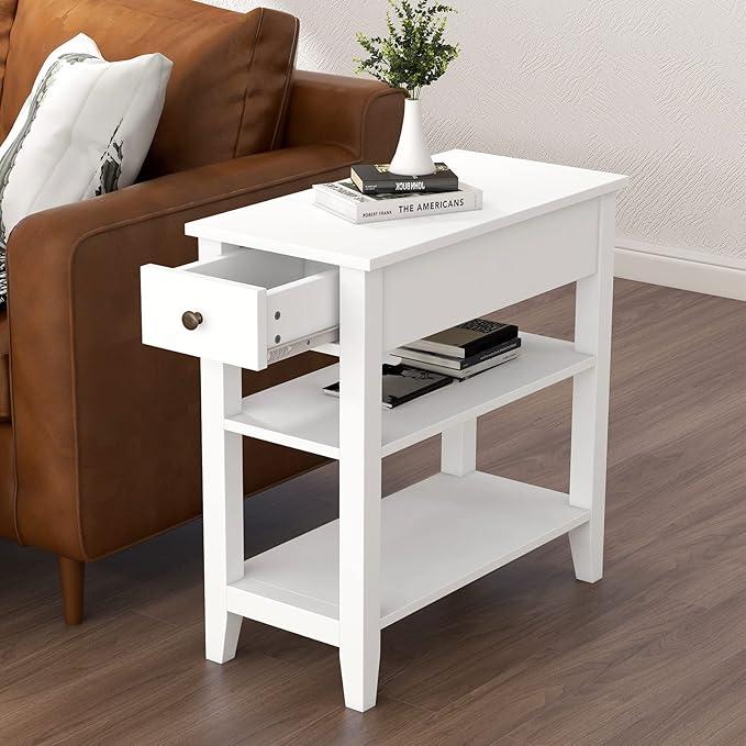 ChooChoo Side Table Living Room, Narrow End Table with Drawer and Shelf, 3-Tier Sofa End Table for Small Space, White missing pieces
