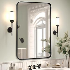 Wall Mount Mirror for Bathroom, Brushed Black Metal Framed Rounded Corner Rectangular Vanity Mirror (24" x 36", Black) (36"L x 24"W)