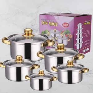 Stainless Steel Cookware Set, 10-Piece, Gold Handles, Glass Lids