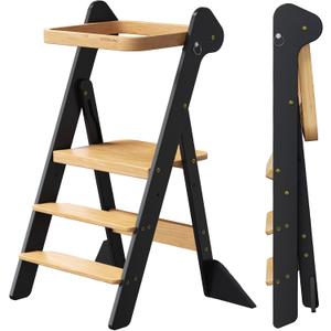 COSYLAND Foldi Foldable Toddler Kitchen Stool - Adjustable Height Toddler Standing Tower with Net & Safety Feet, IF Award-Winning Wooden Learning Step Tower for Kids 18M-6Y, Black & Natural