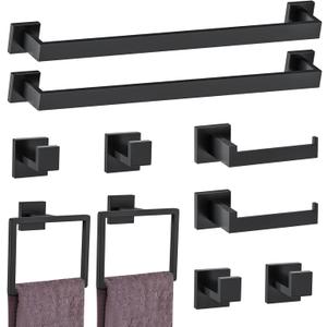 10-Piece Matte Black Bathroom Hardware Accessories Set Black Towel Bar Set Towel Holder Set Stainless Steel Wall-Mounted Towel Rack Set for Bathroom,23.6 Inch Towel Bar