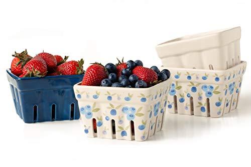 BIEN BEAU Farmhouse Ceramic Berry Basket, Colander, Farmers Market square Bowl. Rustic Kitchen decor fruit bowls, Fruit Baskets, Bleu White and Blueberry pattern Stoneware Harvest Bowls, Set of 3