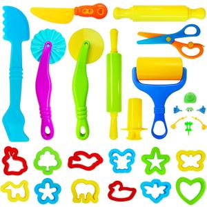 28Pcs Dough and Clay Play Tools Kit for Kids, Modeling Clay Accessories with Animal Cutters, Rolling Pins, Safety Scissors, Dough Extruder & Rollers