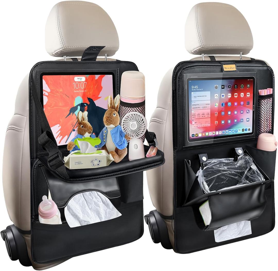 2-Pack Leather Car Backseat Organizer with Tablet HolderFoldable Food Tray,Storage Pockets,Trash Can,Tissue Holder & Insulated BagKick Mats Protector for Kids,Travel Accessories Organizer