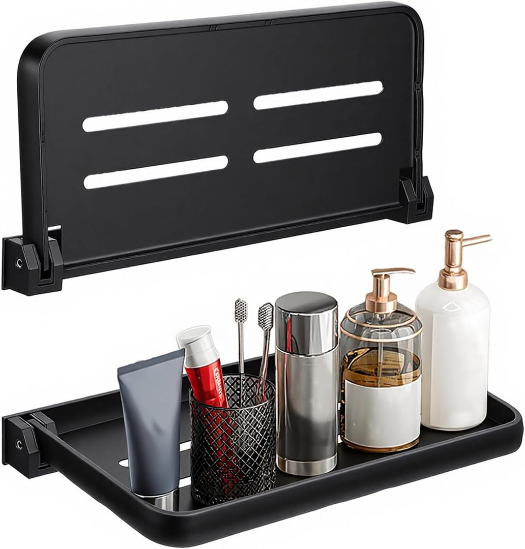 Telooco 2Pcs Bathroom Shelves No Drill Wall Mounted Foldable Shlf Small Floating Metal Adhesive Shelves for Laundry Toilet Room Shower Wall Organizer (Black)