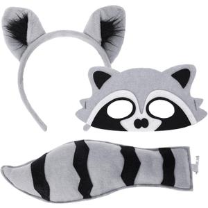 XEPST Animal Raccoon Costume Set, Raccoon Ears and Tail Set with Ears Headband Eyemask and Tail for Animal Costume Cosplay Birthday Party Accessories Carnival Halloween Fancy Dress Party Supplies (Gray)