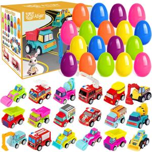 18 PCS Easter Egg Fillers with Toys Inside, Easter Basket Stuffers for Toddlers Filled Pull Back Engineering Vehicles Plastic Eggs Party Favors for Kids Egg Hunt Gift Easter Basket Essentials