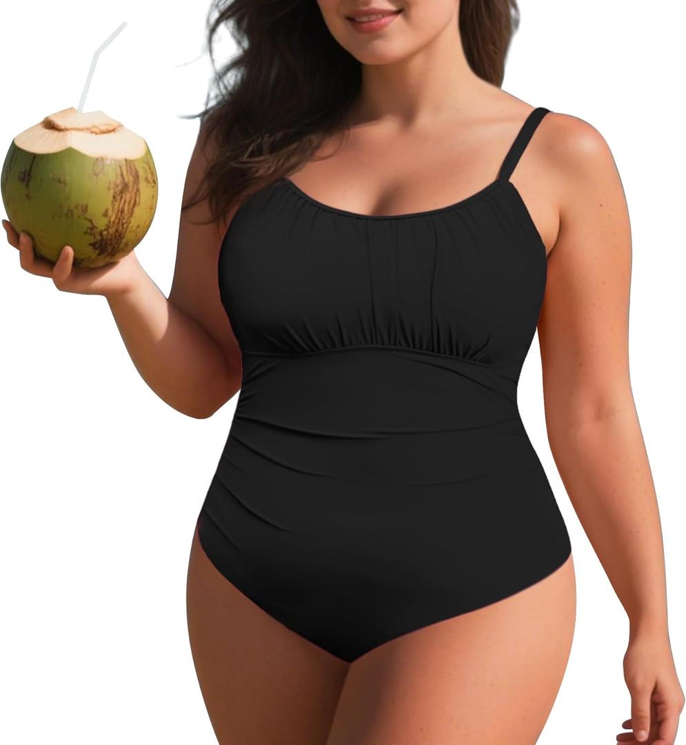 Zando Women Plus Size Bathing Suit Tummy Control Womens Swimsuits Cheeky One Piece Swimsuits Vintage Swimwear Bathing Suit (XL, Black)