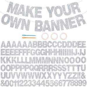 BEISHIDA 116 PCS A-Z DIY Letter Banner Kit Make Your Own Banner Glitter Silver Including 111 Letters and Numbers 3 Rope and 2 Threading Device,Customized For Birthday Graduation Wedding Party Decor