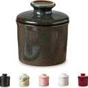 Porcelain Butter Keeper Crock - Ceramic Butter Dish with Water Line for Countertop, Keep Butter Fresh (Greenish Brown)