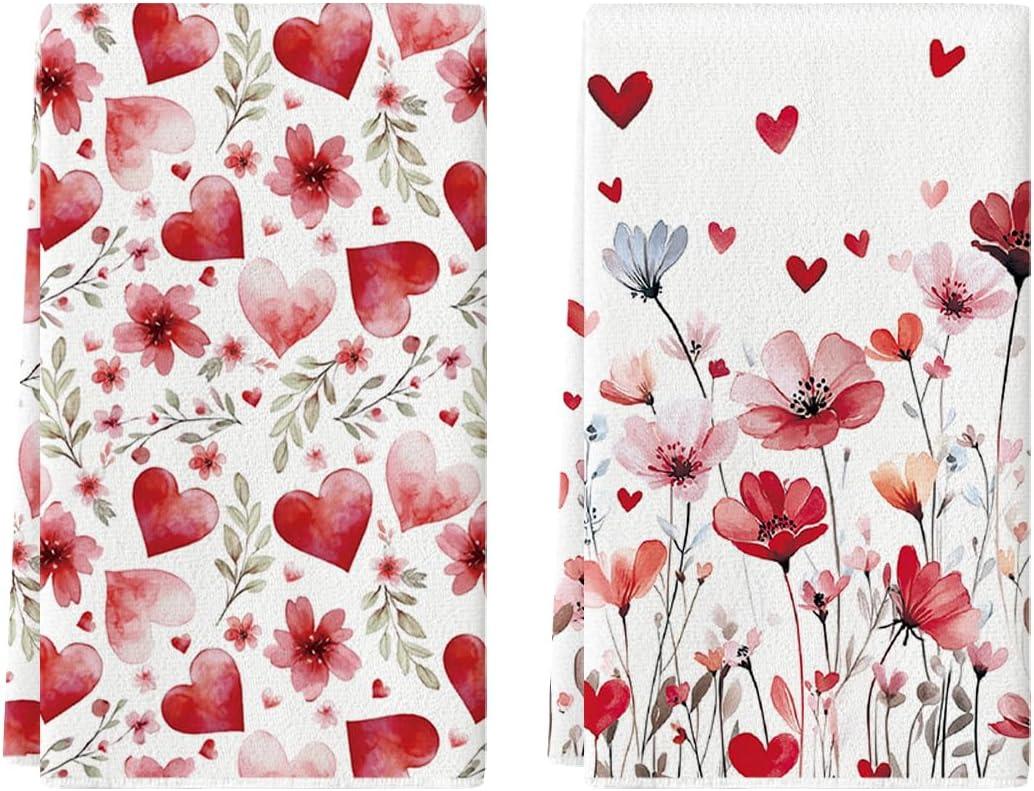 Artoid Mode Leaves Poppy Floral Love Heart Valentine's Kitchen Towels Dish Towels, 18x26 Inch Anniversary Wedding Decoration Cleaning Set of 2