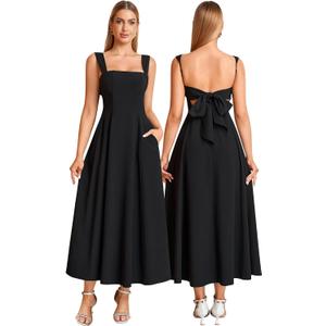 KUTUMAI Bow Tie Floral Corset Midi Dress Flowy Summer Tea Party Wedding Guest Dresses for Women Sundress with Pockets (Black)