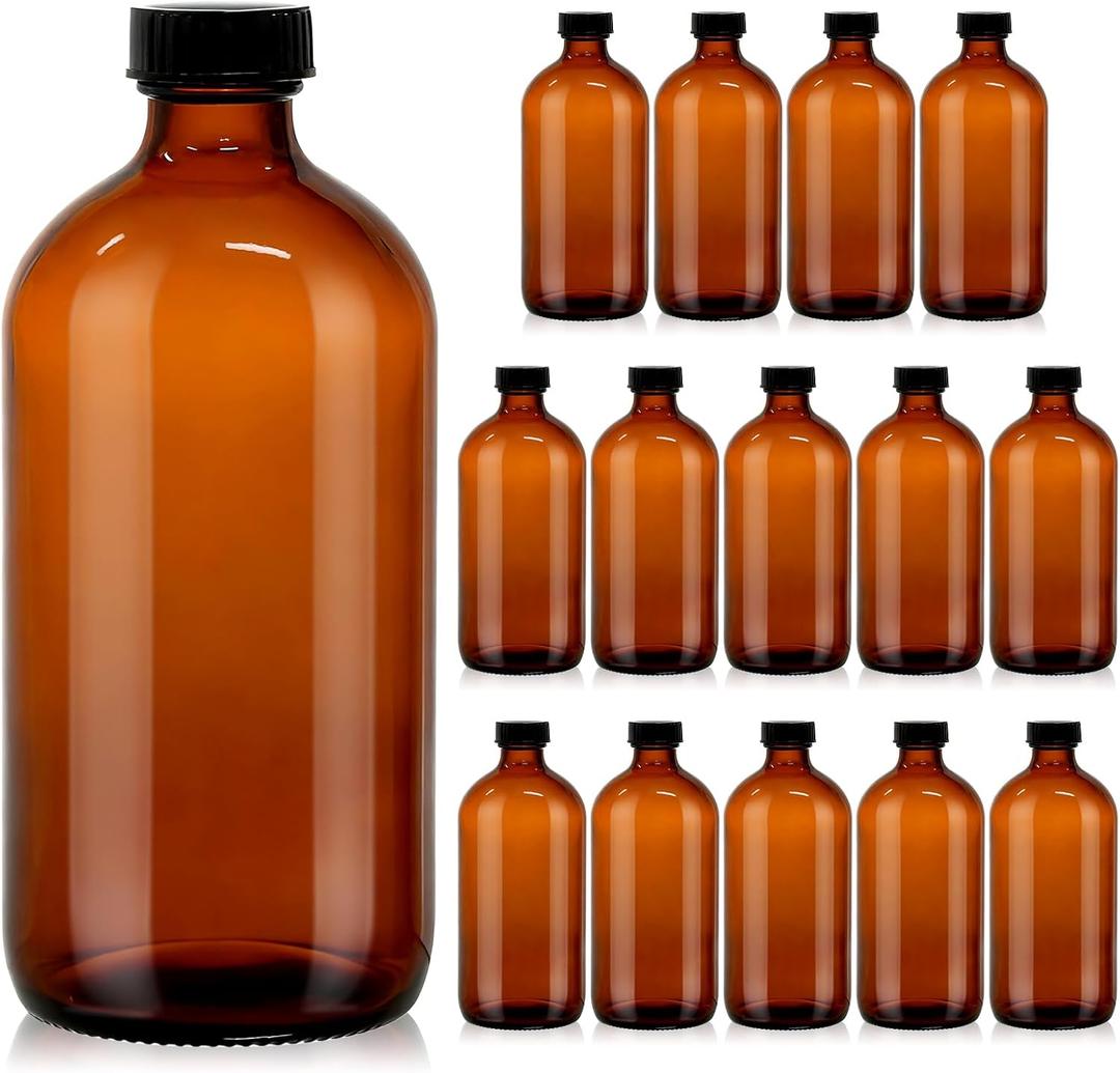 15 Pack 16 oz Amber Glass Boston Round Bottles with Phenolic Polycone Caps  Airtight, Leak-Proof Brown Bottles for Kombucha Brewing, Storing Condiments, Essential Oils, and Homemade Solutions