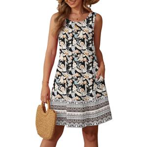 QUEZHU Women's Summer Dresses Casual Sleeveless Tank Sundress Round Neck Knee Length Mini Dress with Pockets (XL)
