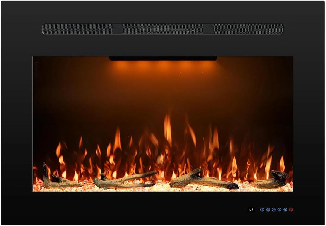 36.6" W Rear Electric Fireplace Inserts with 3 Flame & Top Light Color, Recessed Fireplace Heater with Thermostat, 750/1500W, Crackling Sound, Logs & Crystals, Timer, No Wall Mount