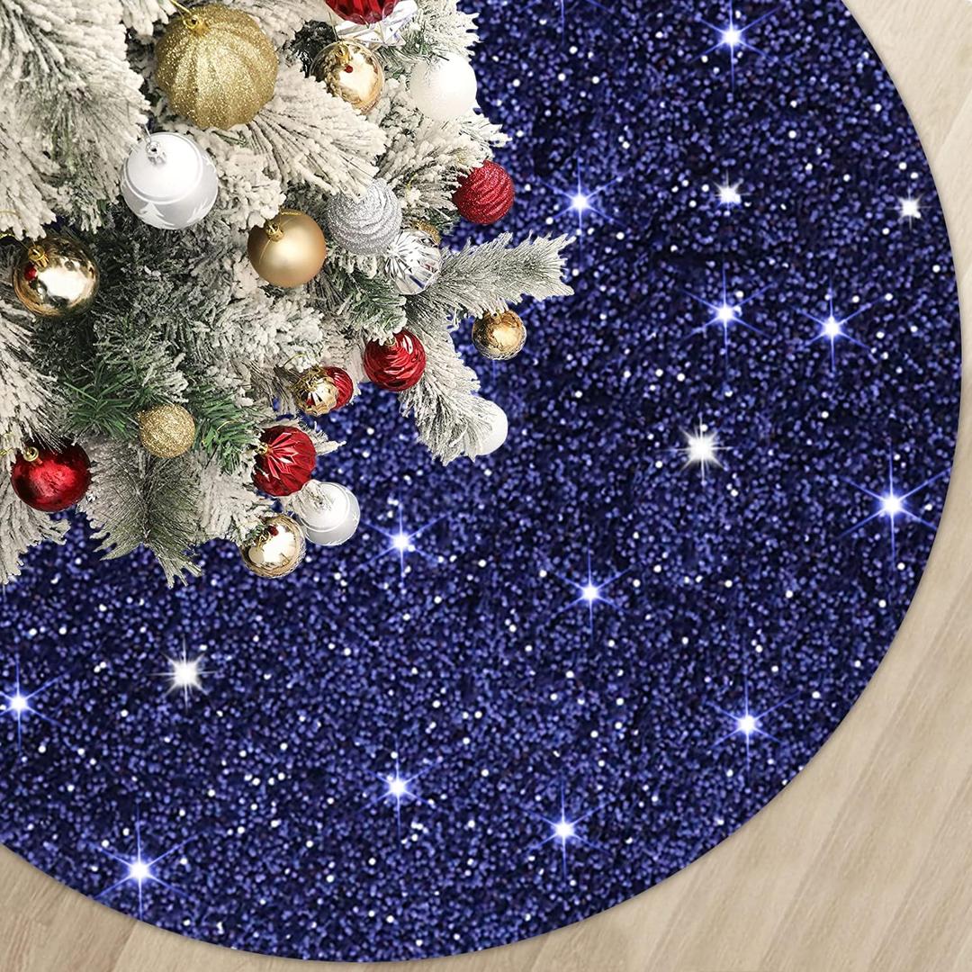 Navy Blue Christmas Tree Skirt 36 Inch Metal Xmas Tree Skirt Unique Christmas Tree Floor Mat Embroidered Christmas Tree Skirt Vintage Christmas Tree Cover Skirt for Christmas Halloween Home Decoration