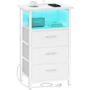 Vagusicc Night Stand with Charging Station, LED Nightstand for Bedroom, White Bedside Table with 3 Fabric Drawers, End Table Side Table with USB Ports and Outlets, Bed Side Table for Bedroom, White (1 Piece)