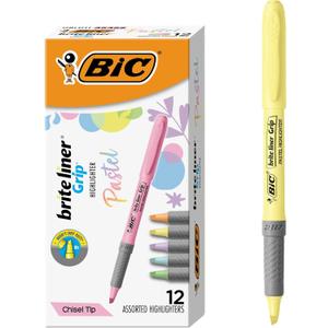 BIC Brite Liner Grip Pastel Highlighter Set, Chisel Tip, 12-Count Pack of Pastel Highlighters in Assorted Colors, Cute Highlighters for Bullet Journaling, Note Taking and More
