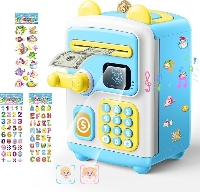 【Upgraded】 Piggy Bank, Face ID Password Unlocking Electronic Kids Bank ATM Security Unlocking Cash Coin Bank Toys Gifts for Kids, Coin Bank for 3 4 5 6 7 8 9 10 11 12 Year Old Boys Girls Blue