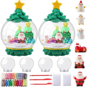 Shappy 4 Set Christmas Snow Globes Making Kit DIY Make Your Own Snow Globes for Kid Holiday Craft 4 Round Clear Bottles 24 Clay 6 Crafts 2 Pack Artificial Powder with Tool for Decor Gift No Water