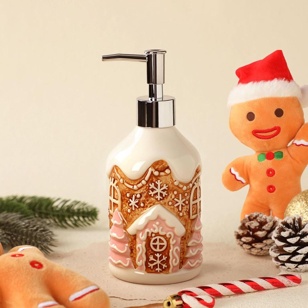 Potchen Gingerbread House Soap Dispenser Christmas Liquid Pump Ceramic Bath Accessories Bathroom Decor Holiday Collection Gingerbread House Shaped Festive Touch for Countertop
