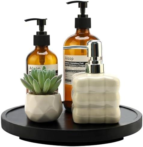 Black Wooden Bathroom Tray Round Perfume Dresser Trays for Vanity Small Wood Lazy Susan Turntable for Table Decorative Kitchen Sink Soap Holder Rotating Bathroom Countertop Decor Organizer Accessories