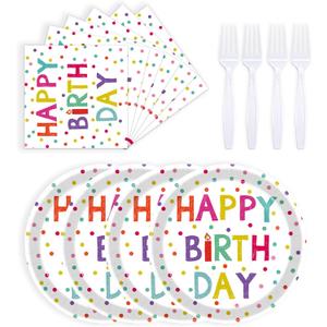 72 Pcs Birthday Plates and Napkins Party Supplies,Happy Birthday Party Plates Napkins Dots Design Tableware Set Decorations for Serves 24 (White)