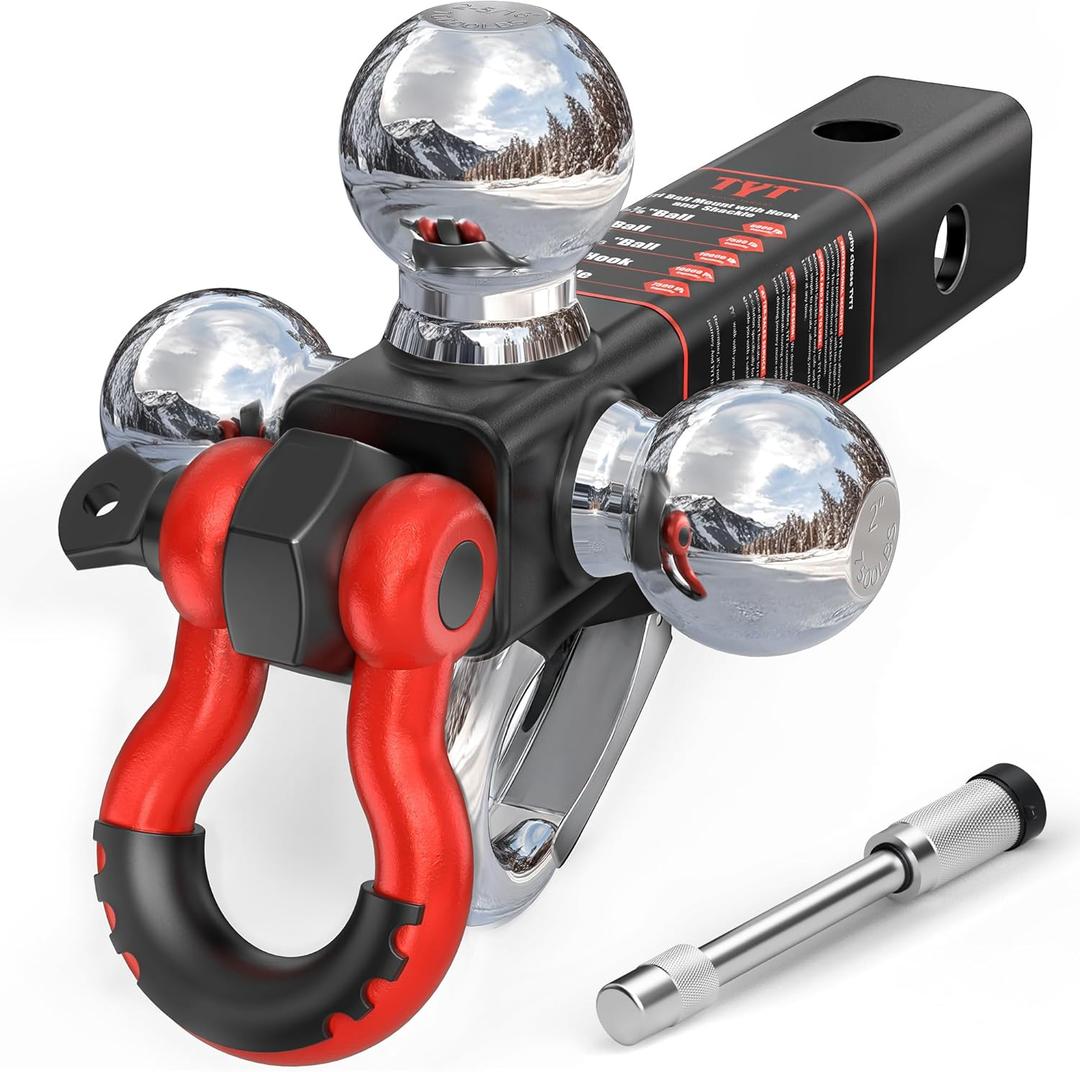 TYT Tri Ball Mount Trailer Hitch Fits 2 inch Receiver, Triple Balls (1-7/8", 2", 2-5/16") with Tow Hook & Shackle,10,000lbs GTW,1,000 lbs Tongue Weight, Includes Hitch Pin Lock