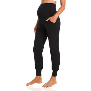 V VOCNI Women's Maternity Pants Maternity Activewear Jogger Track Cuff Sweatpants Over The Belly Stretchy Pregnancy Pants (Large, Black)