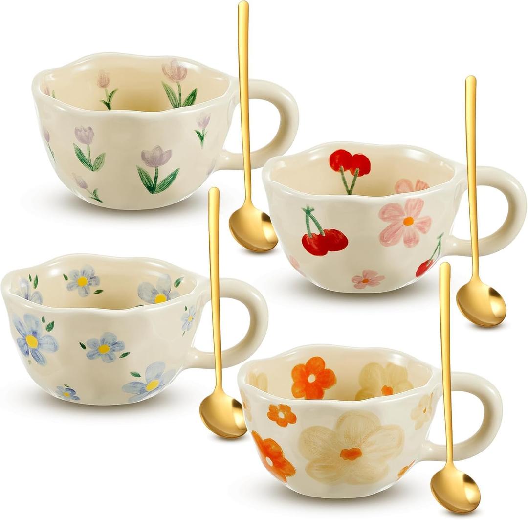 Kawlity 4 Styles Vintage Flower Mugs, 8oz Ceramic Coffee Mug Set with Spoon, Aesthetic Floral Cute Tea Cups with Handles, Porcelain Floral Mugs for Coffee Milk Juice Slushies Oats