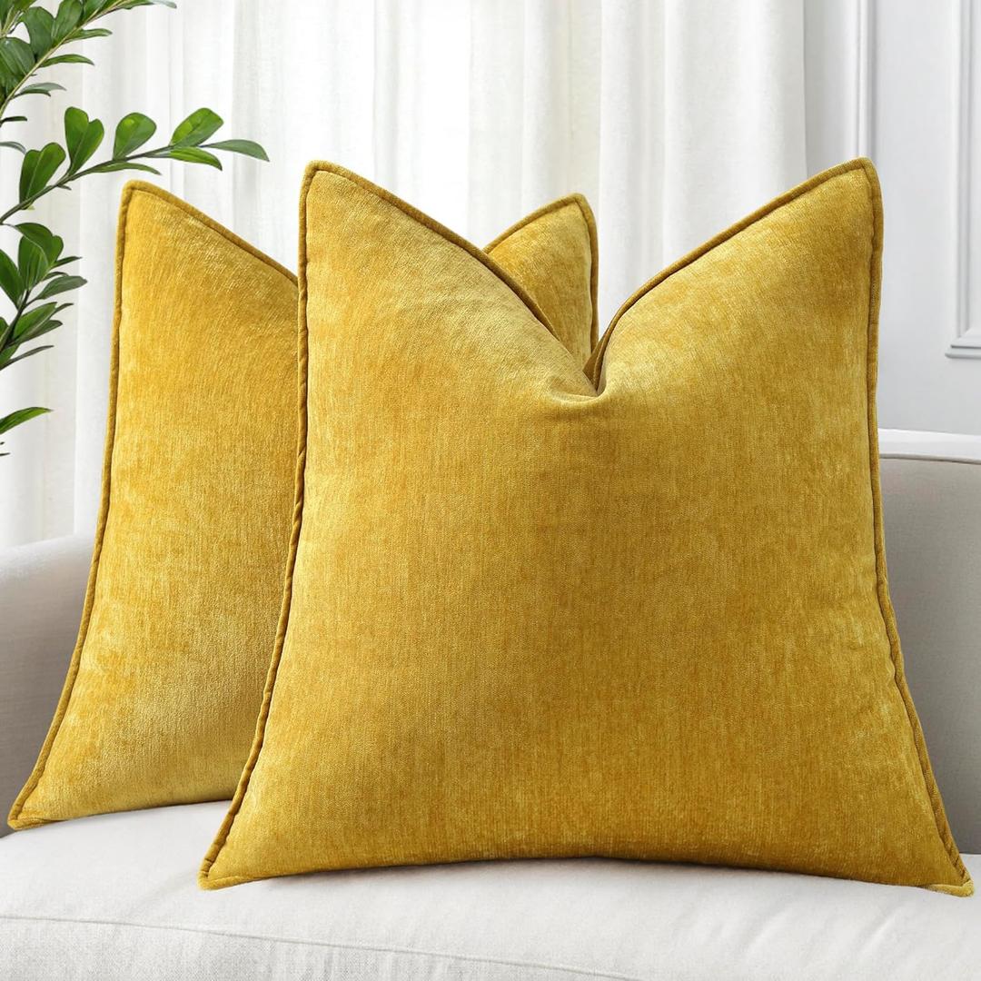 decorUhome Summer Couch Throw Pillow Covers 18x18 Set of 2, Decorative Soft Velvet Modern Cozy Chenille Pillow Cases with Elegant Design for Sofa Bed Living Room Home Decor, Mineral Yellow