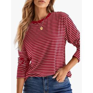 Dokotoo Women's 2026 Spring Summer Casual Long Sleeve Tops Lightweight Crew Neck Knit Basic Striped T Shirts, S
