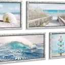 Ocean Pictures Wooden Artwork Framed - Seascape Rolling Wave Painting Multi-Panel Wall Art Prints for Living Room Overall 48"W x 32"H