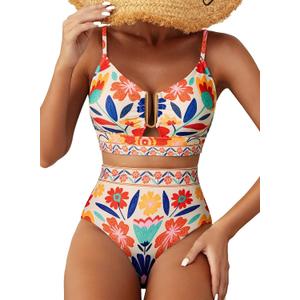 Herseas Womens 2 Piece High Waisted U Wire Bikini Set Floral Print Swimsuit Crisscross Back Bathing Suit Beach Swimwear (Beige, M)