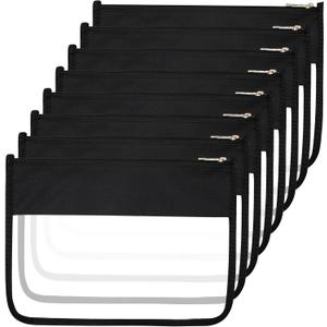 Teling 8 Pieces Clear Makeup Bags DIY Chenille Letter Pouch Clear Zipper Pouches Travel PVC Oxford Cloth Cosmetic Portable Waterproof Makeup Storage Bag Toiletry Snack Organizer for Women Girls, Black