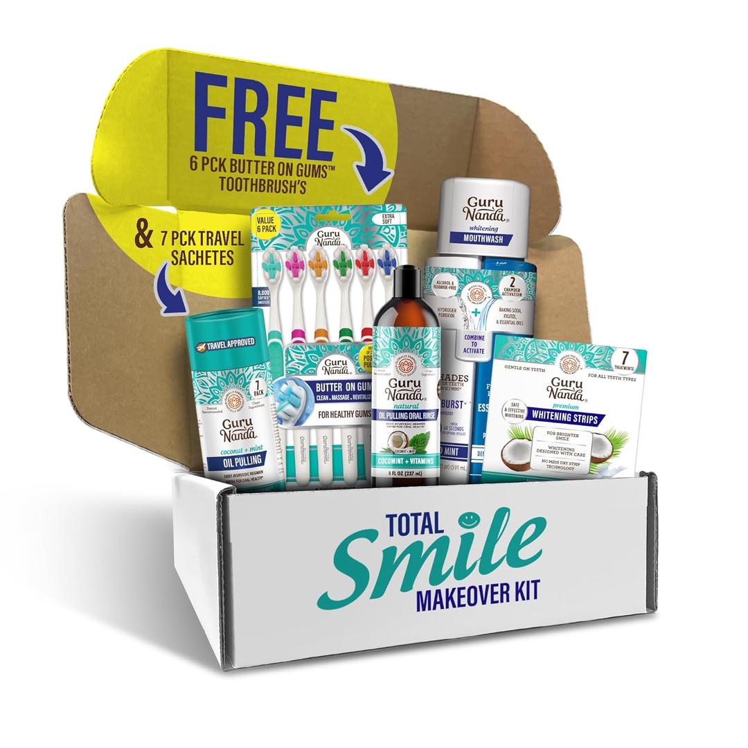 GuruNanda Total Smile Makeover Kit Regular with Cocomint Oil Pulling, Dual Barrel Whitening Mouthwash, Whitening Strips & Butter on Gums Toothbrushes (5.27 Fl Oz (Pack of 5))