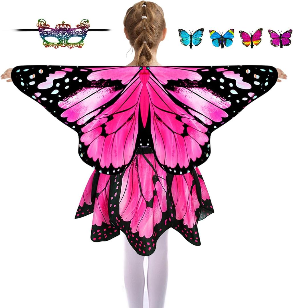 Kids Butterfly Wings Costume for Girls Fairy-Wings Mask Party Favors Gifts (Pink+skirt sets)